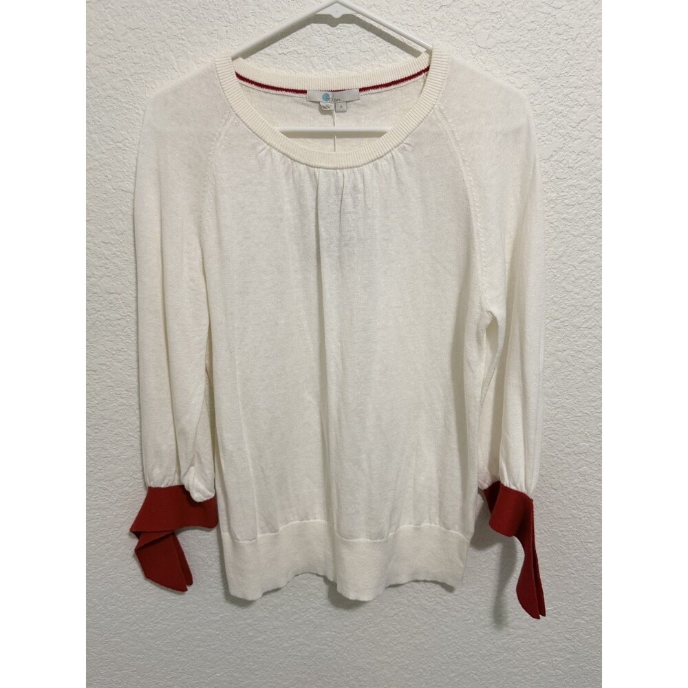 NWT Boden Cream Red Bow Sleeve Linen Cotton Blend Lightweight Sweater Medium M